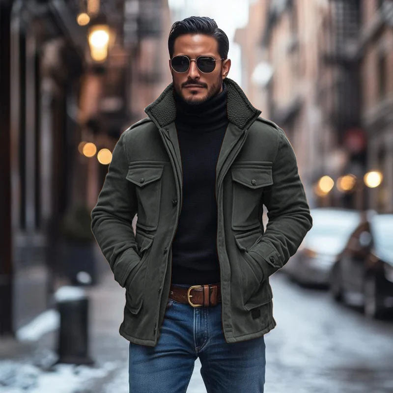 Vintage Suede Fleece Collar Patchwork Multi-Pocket Zipper Coat