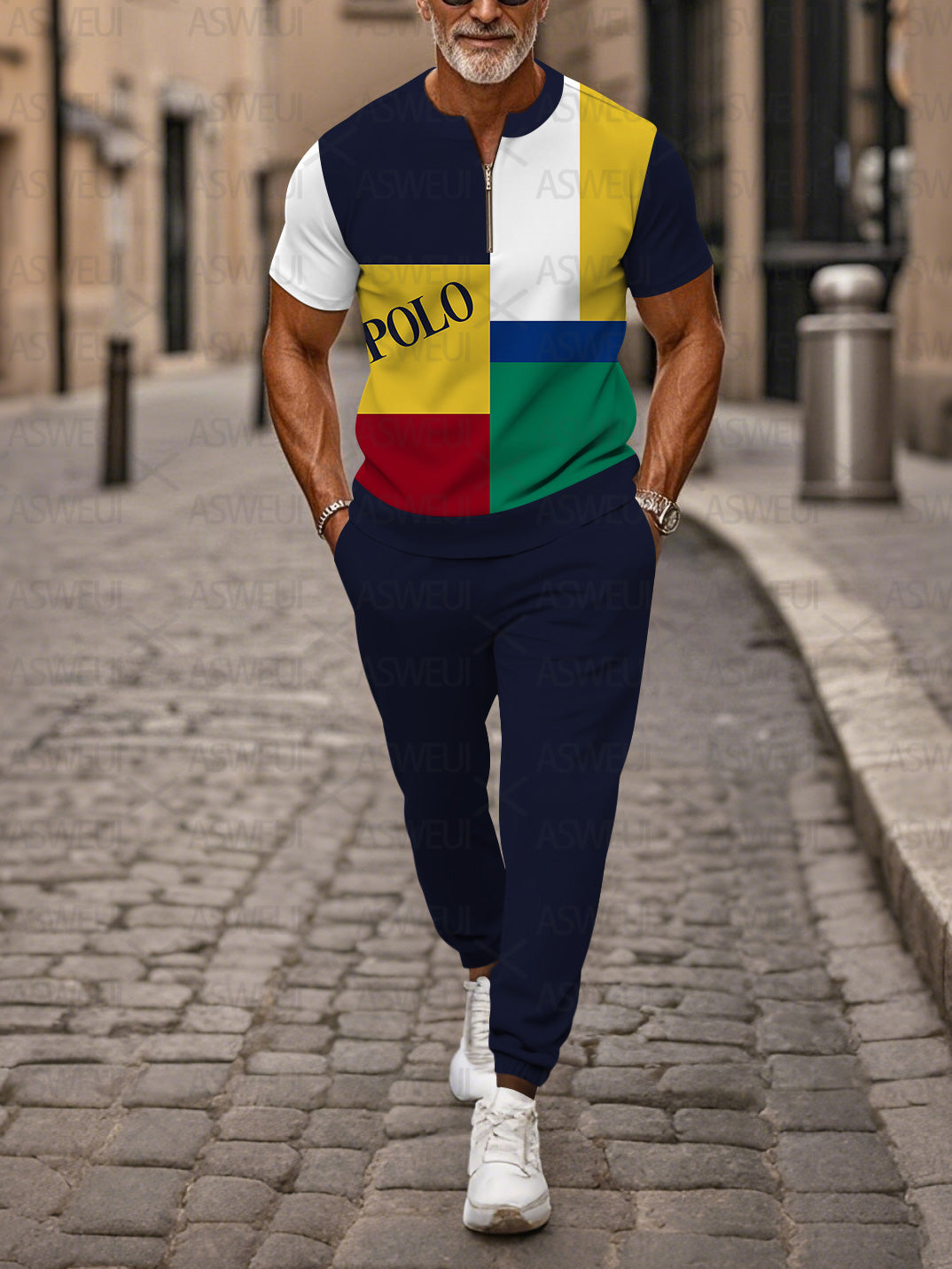 Zipper Short Sleeve Long Pants Two-Piece Set