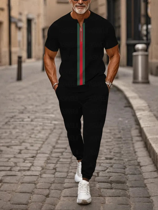 Zipper Short Sleeve Long Pants Two-Piece Set