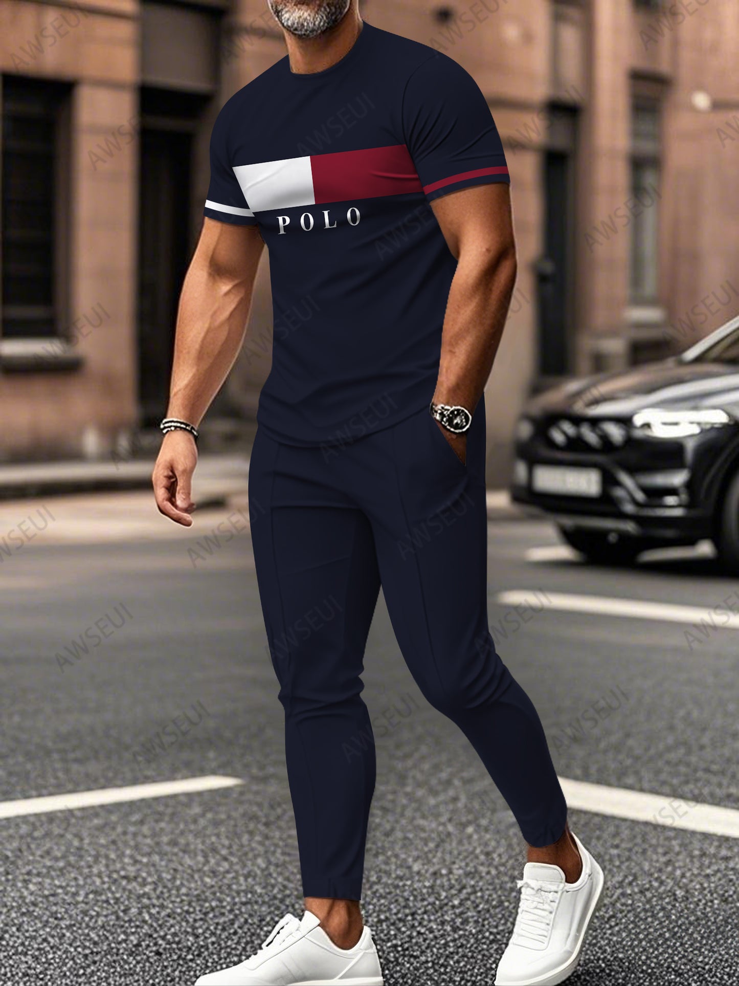 Zipper Short Sleeve Long Pants Two-Piece Set