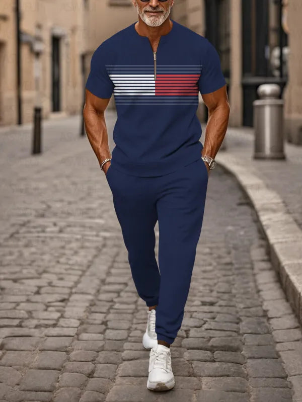 Zipper Short Sleeve Long Pants Two-Piece Set