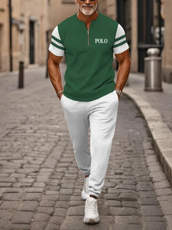 Zipper Short Sleeve Long Pants Two-Piece Set