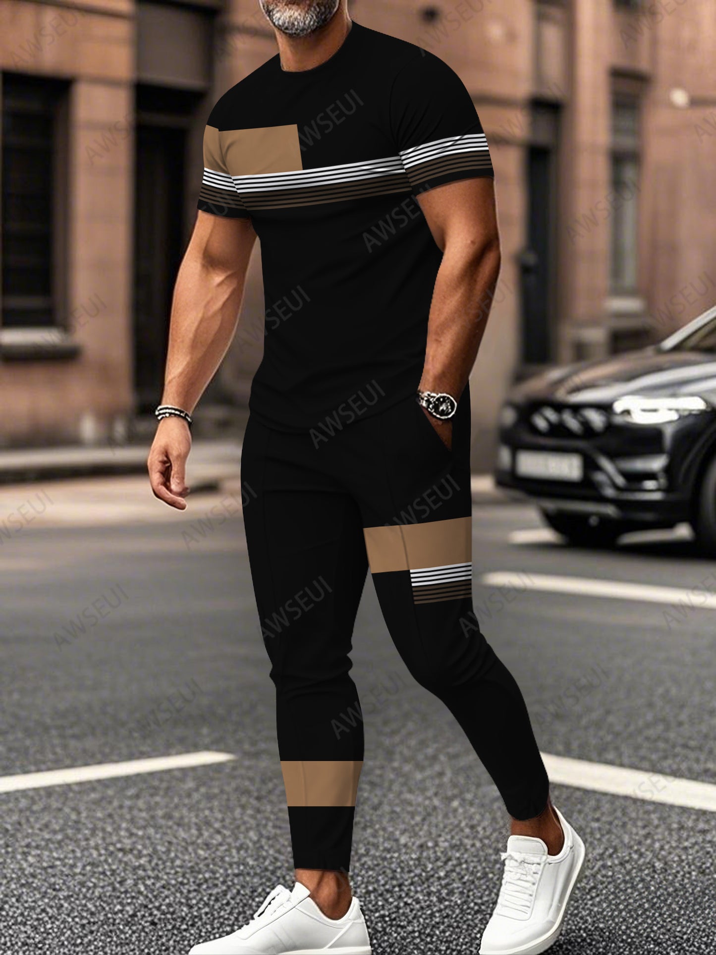 Zipper Short Sleeve Long Pants Two-Piece Set