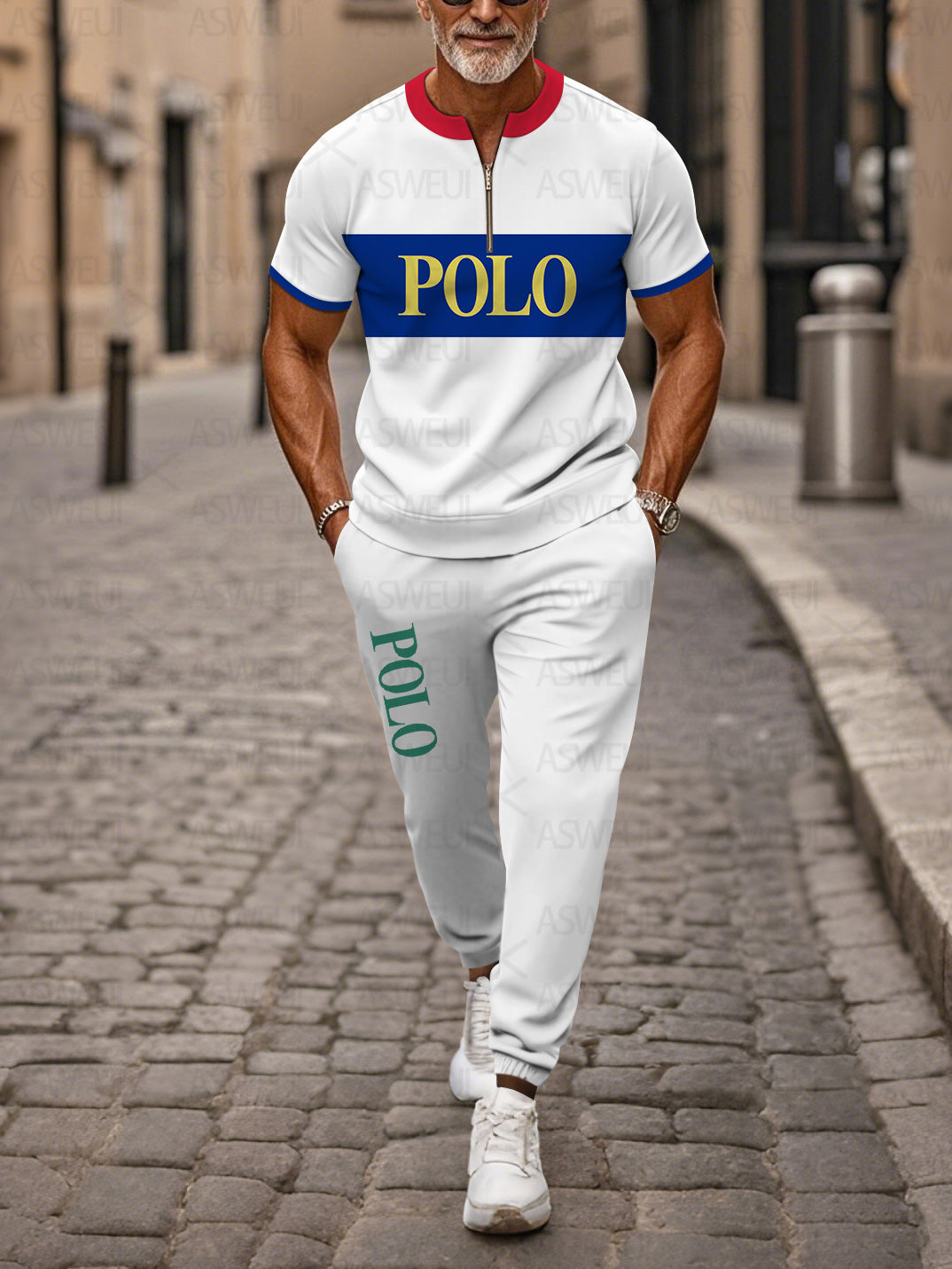 Zipper Short Sleeve Long Pants Two-Piece Set