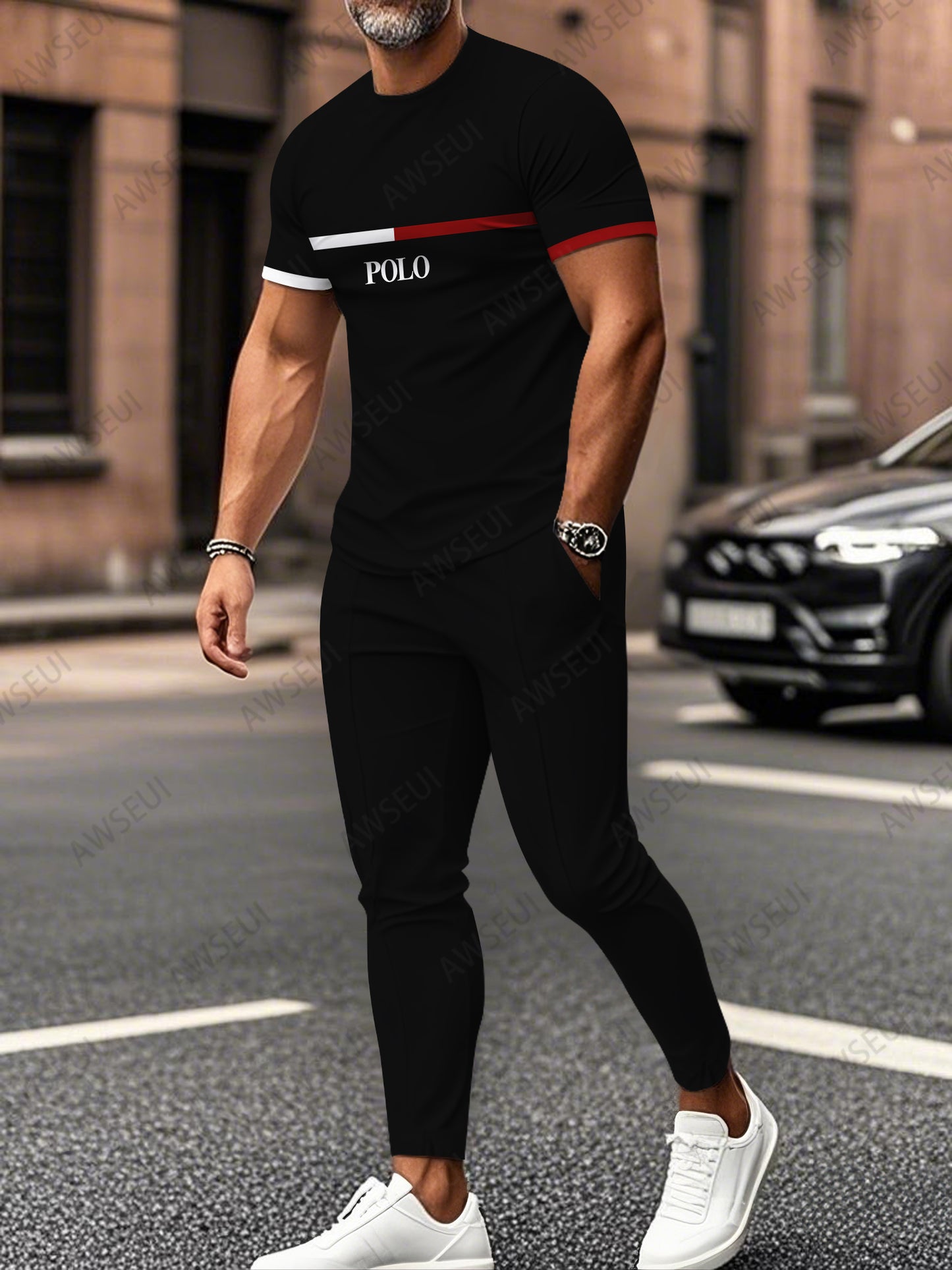 Zipper Short Sleeve Long Pants Two-Piece Set