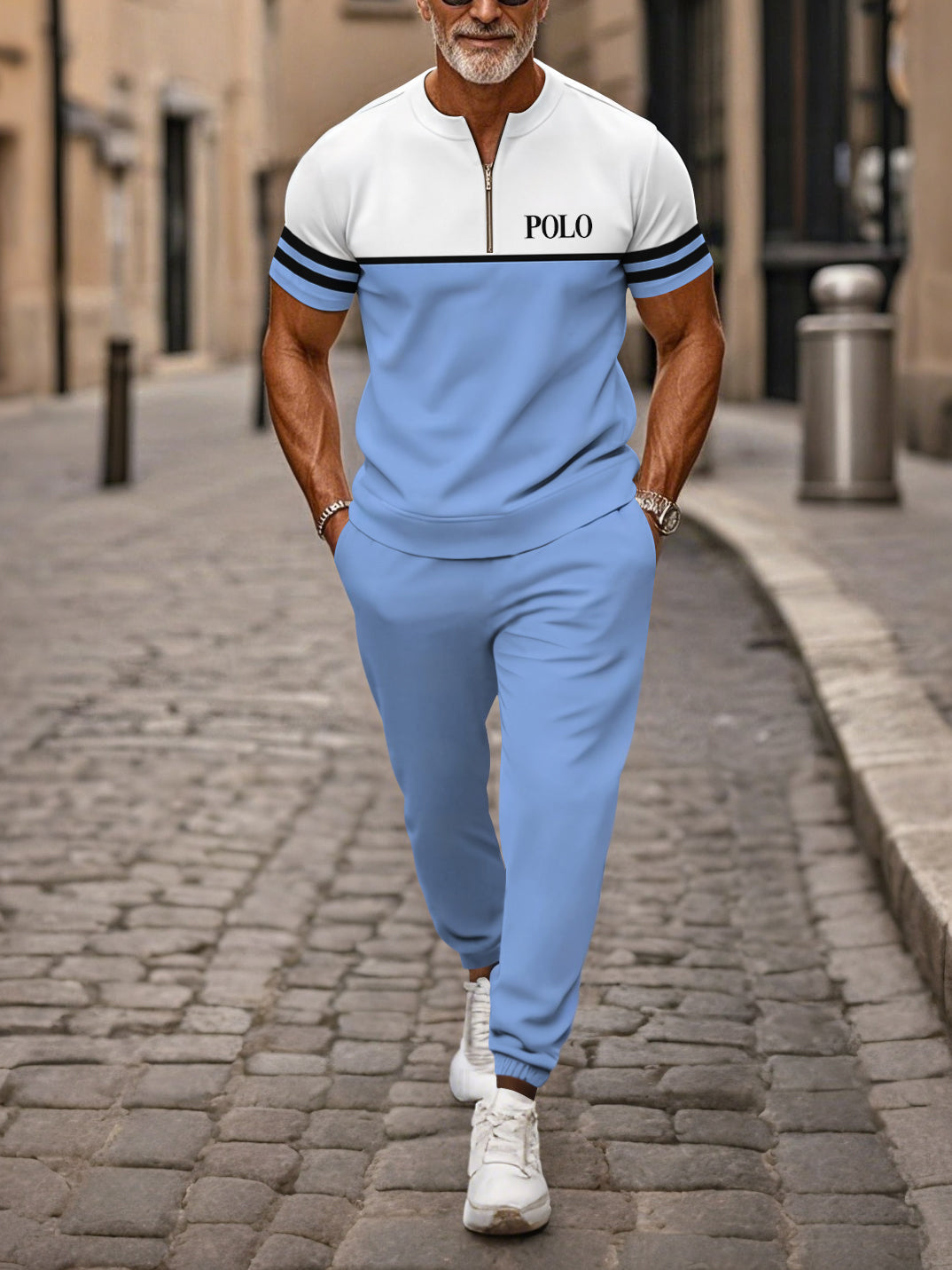 Zipper Short Sleeve Long Pants Two-Piece Set