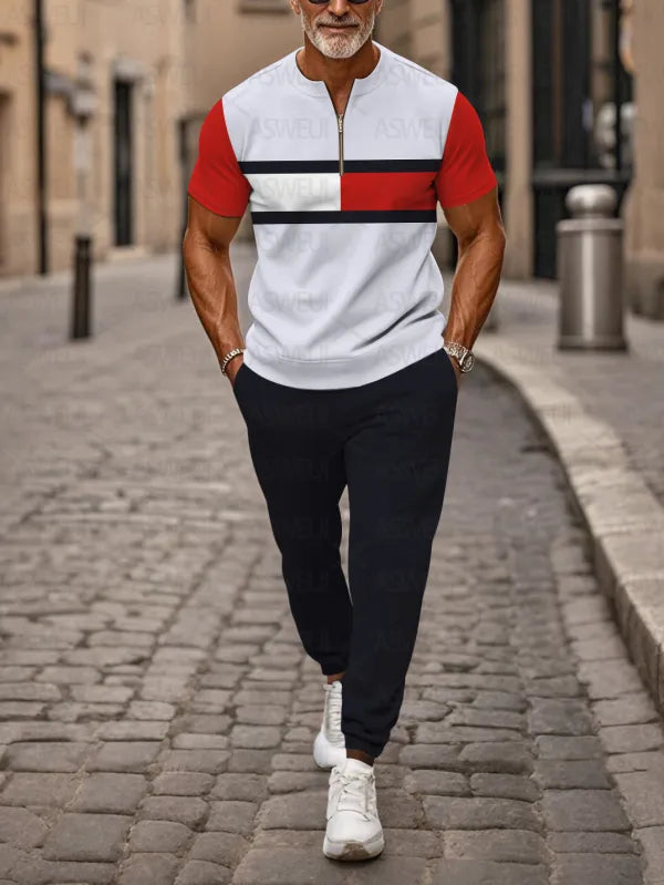 Zipper Short Sleeve Long Pants Two-Piece Set