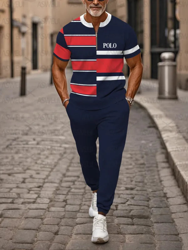 Zipper Short Sleeve Long Pants Two-Piece Set