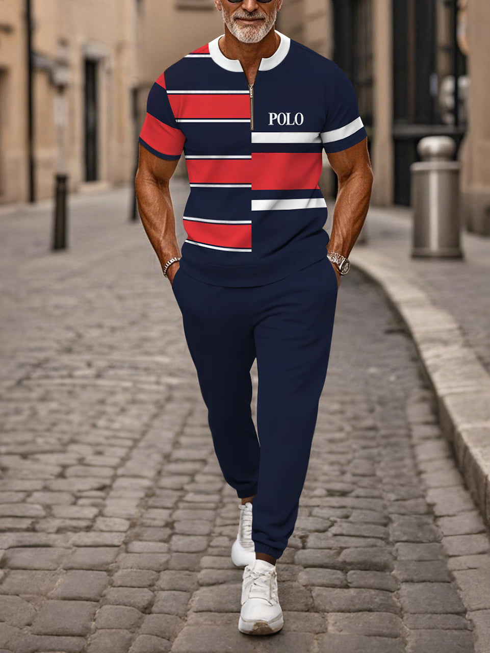 Zipper Short Sleeve Long Pants Two-Piece Set