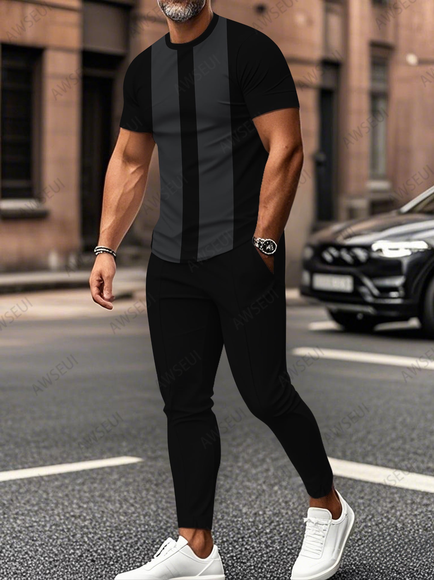 Zipper Short Sleeve Long Pants Two-Piece Set