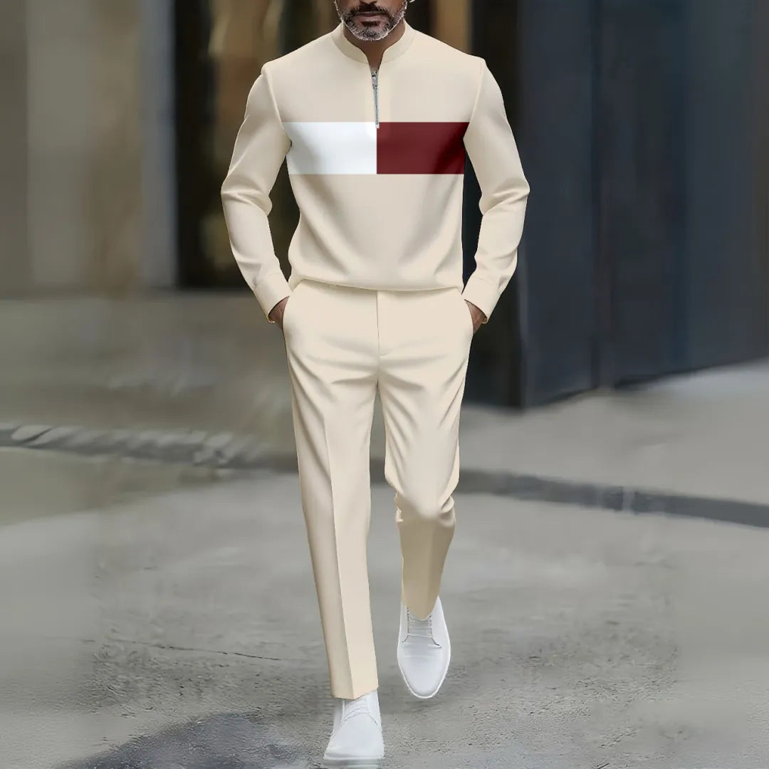 Neck Zipper Long Sleeved Trousers Two-Piece Set