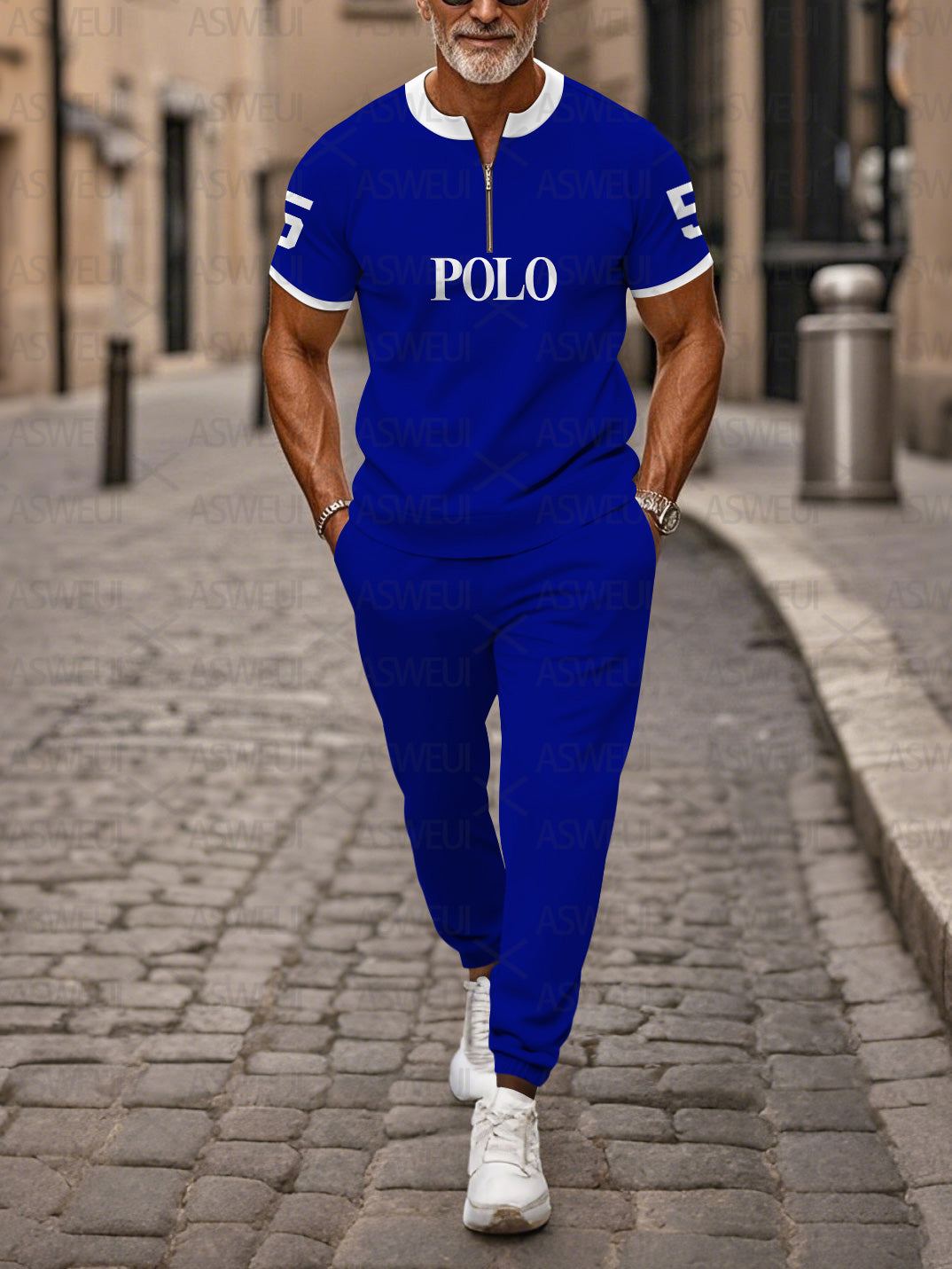 Zipper Short Sleeve Long Pants Two-Piece Set