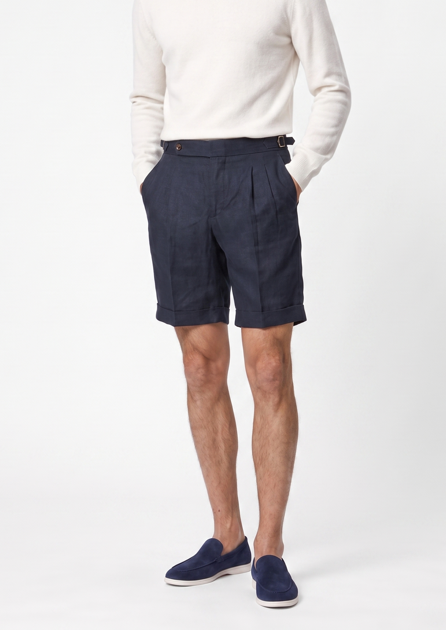 Navy Blue Pleated Linen Seaside Shorts