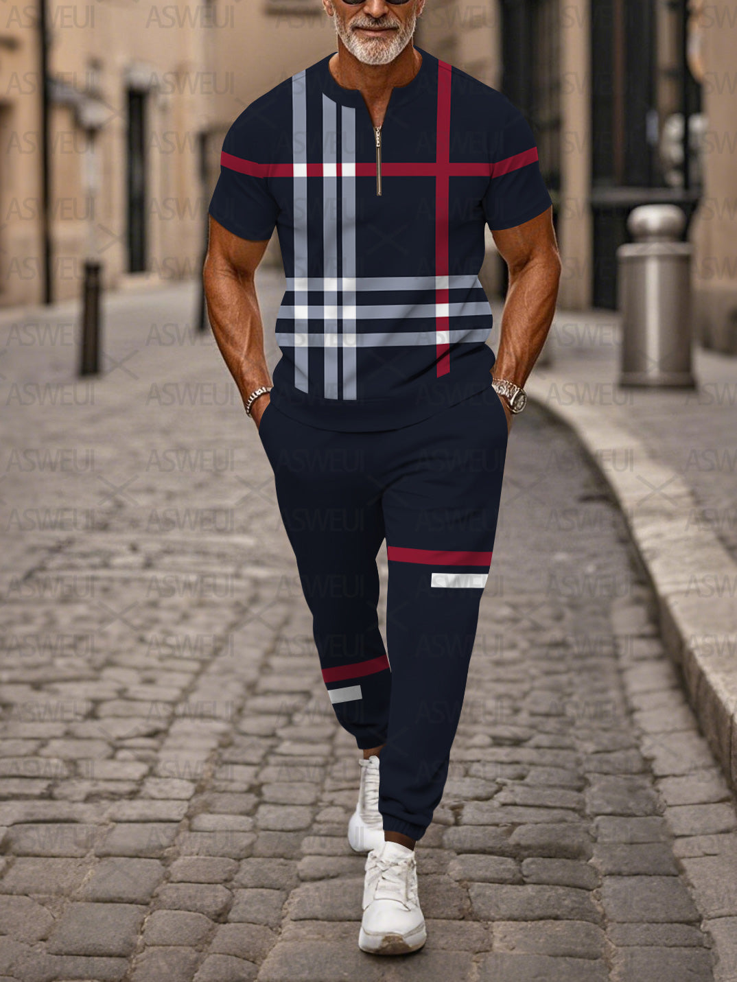 Zipper Short Sleeve Long Pants Two-Piece Set