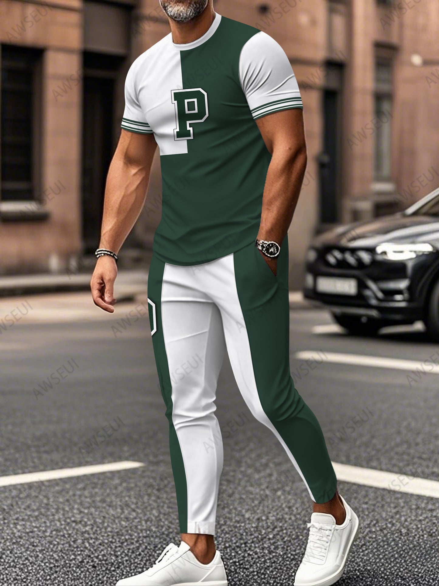 Zipper Short Sleeve Long Pants Two-Piece Set