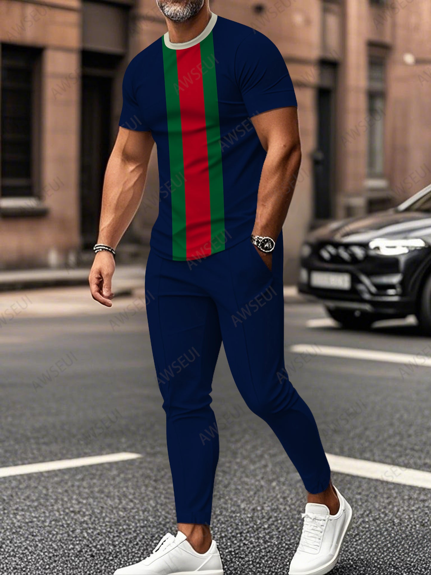 Zipper Short Sleeve Long Pants Two-Piece Set