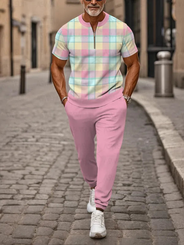 Zipper Short Sleeve Long Pants Two-Piece Set