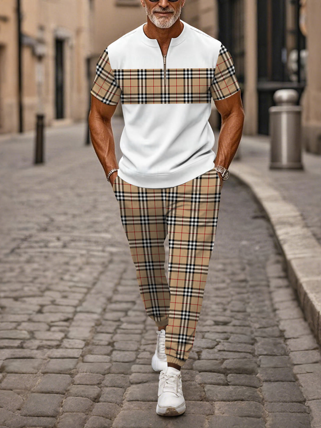 Zipper Short Sleeve Long Pants Two-Piece Set