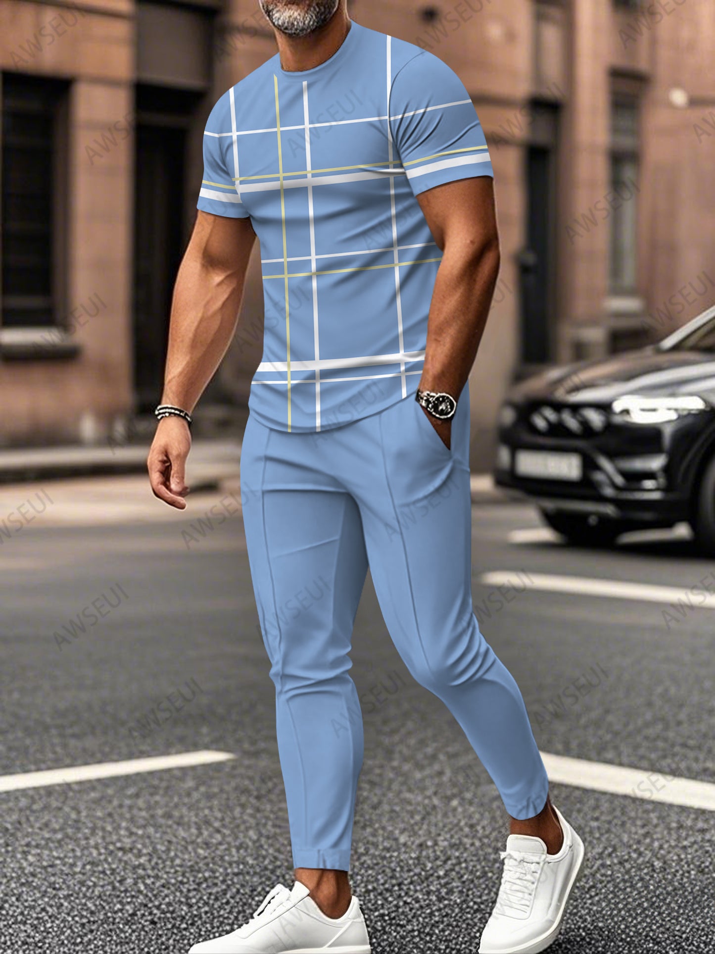 Zipper Short Sleeve Long Pants Two-Piece Set