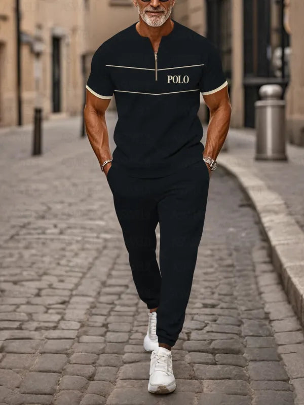 Zipper Short Sleeve Long Pants Two-Piece Set