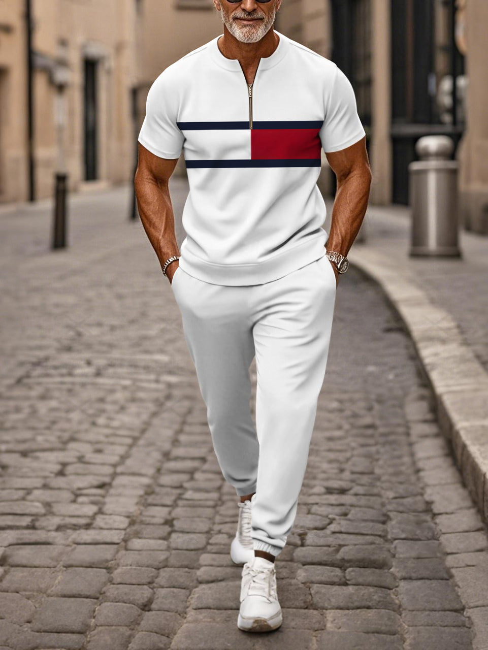 Zipper Short Sleeve Long Pants Two-Piece Set