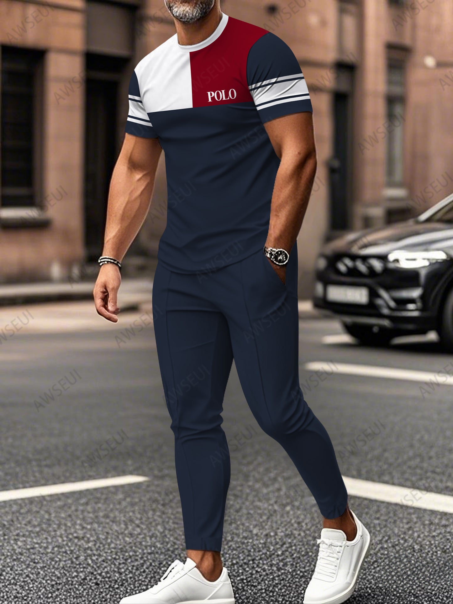 Zipper Short Sleeve Long Pants Two-Piece Set