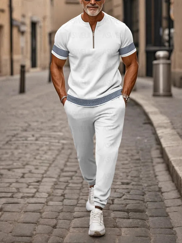 Zipper Short Sleeve Long Pants Two-Piece Set