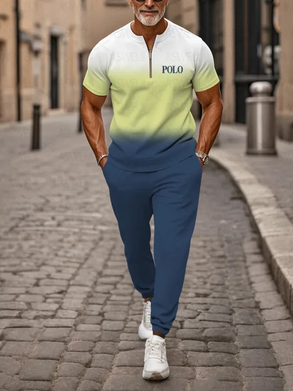 Zipper Short Sleeve Long Pants Two-Piece Set