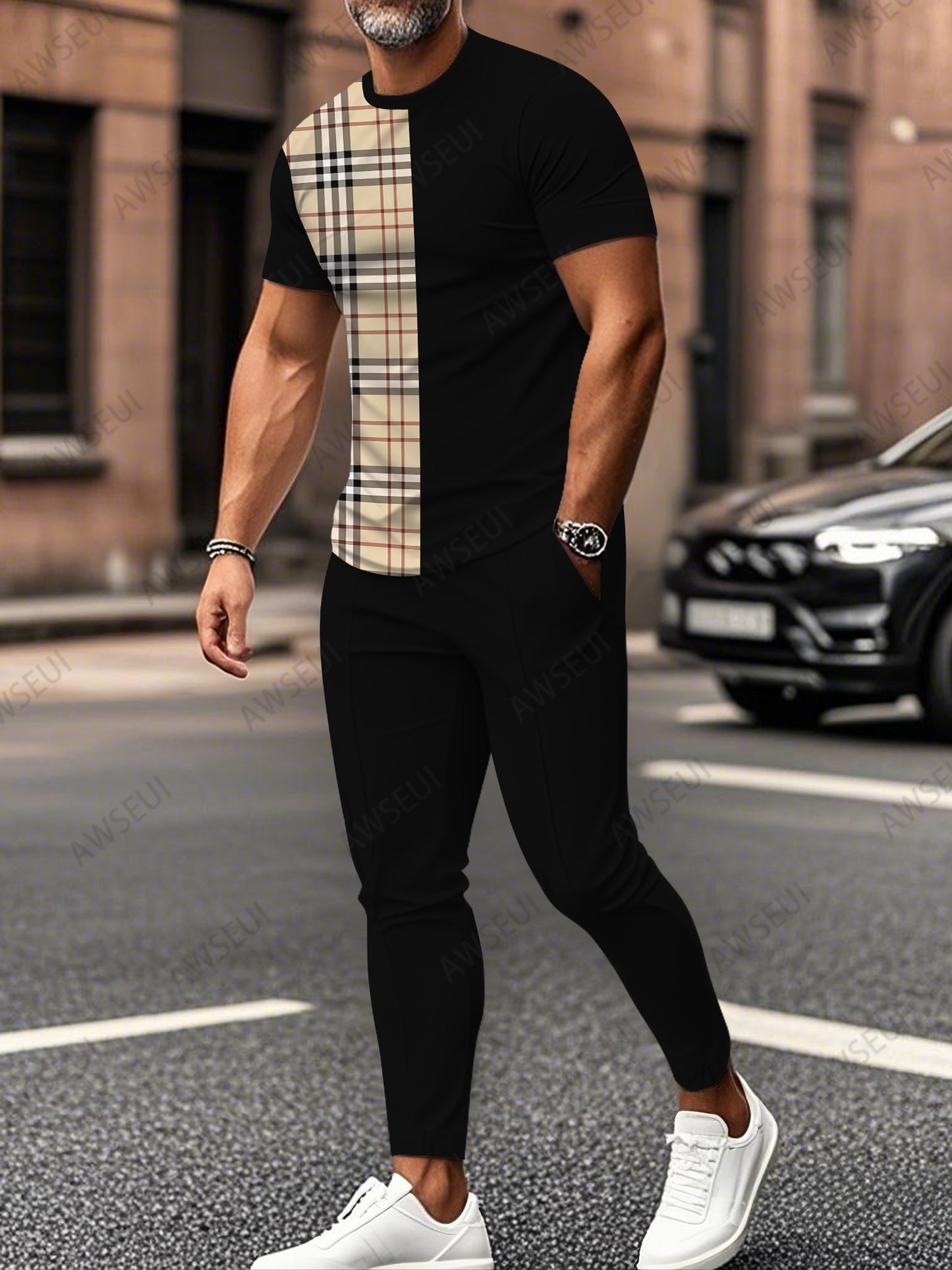 Zipper Short Sleeve Long Pants Two-Piece Set