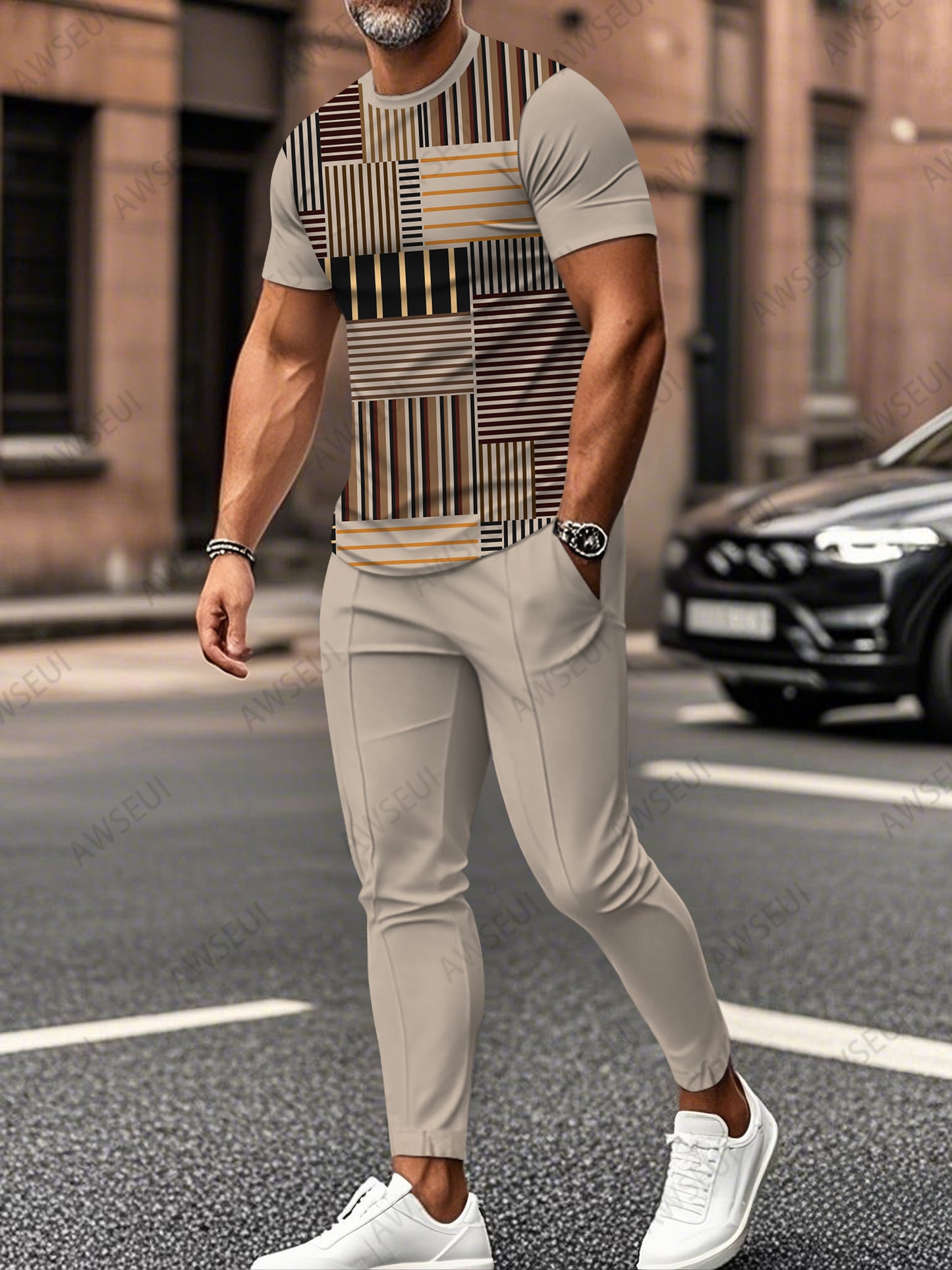 Zipper Short Sleeve Long Pants Two-Piece Set