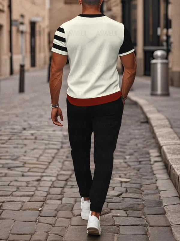 Zipper Short Sleeve Long Pants Two-Piece Set