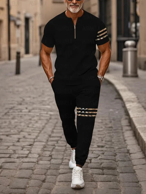 Zipper Short Sleeve Long Pants Two-Piece Set