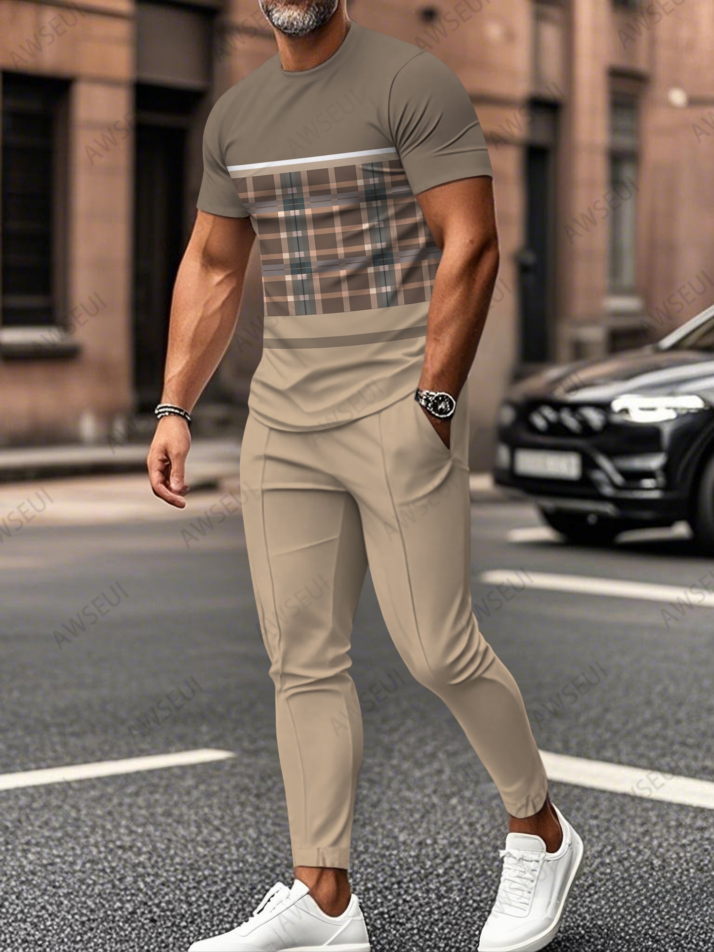 Zipper Short Sleeve Long Pants Two-Piece Set