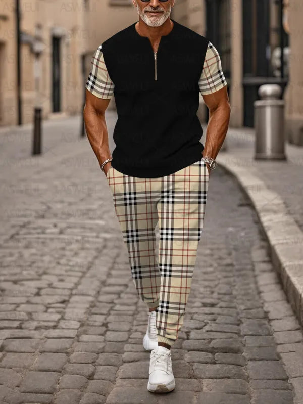 Zipper Short Sleeve Long Pants Two-Piece Set