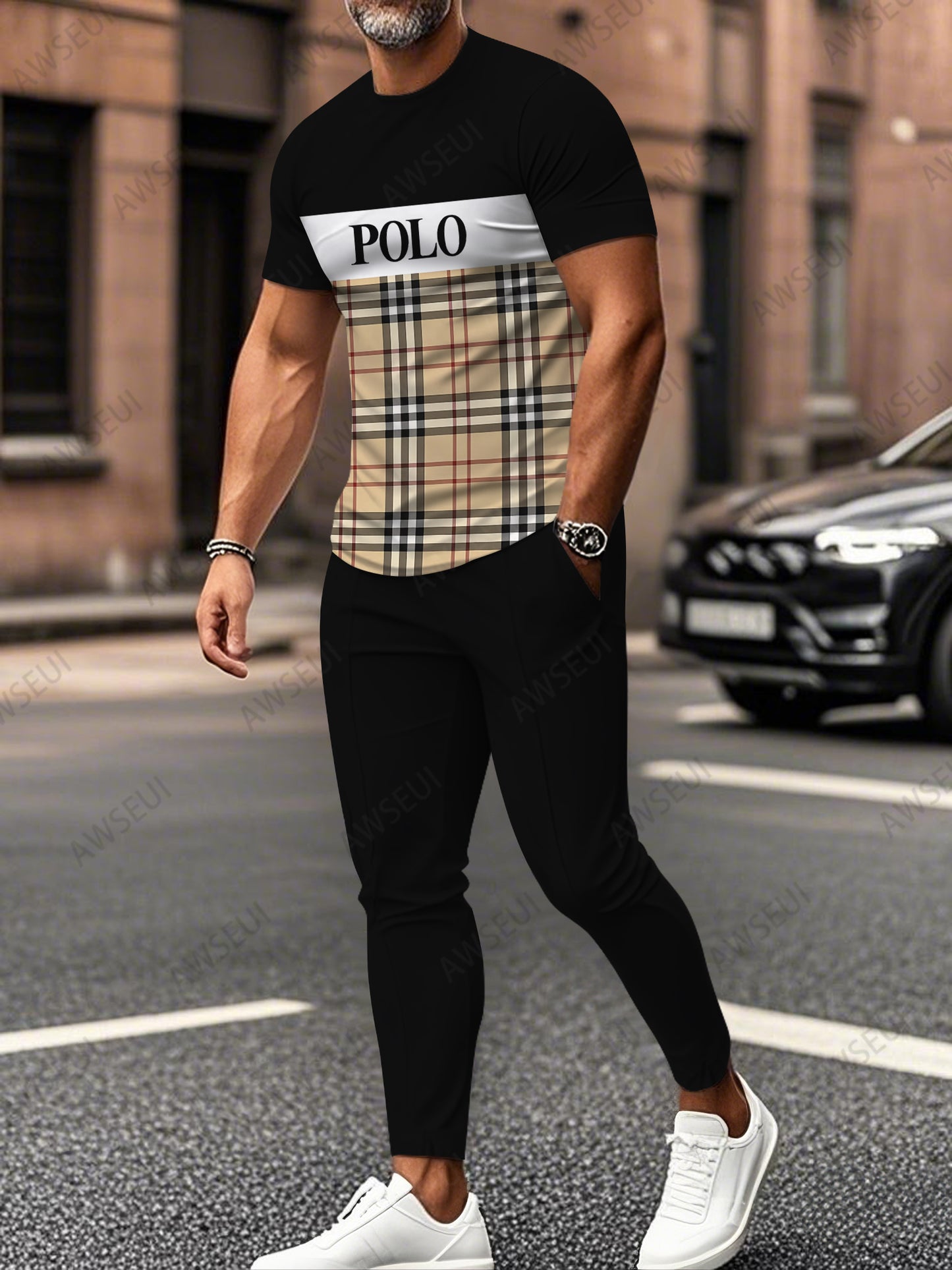 Zipper Short Sleeve Long Pants Two-Piece Set