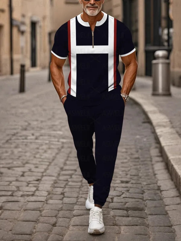 Zipper Short Sleeve Long Pants Two-Piece Set