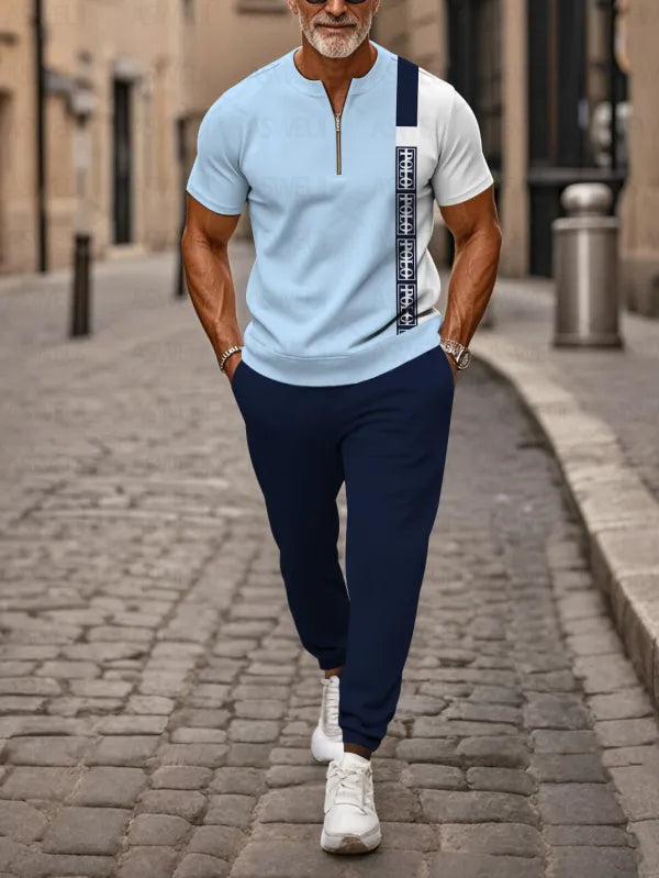 Zipper Short Sleeve Long Pants Two-Piece Set