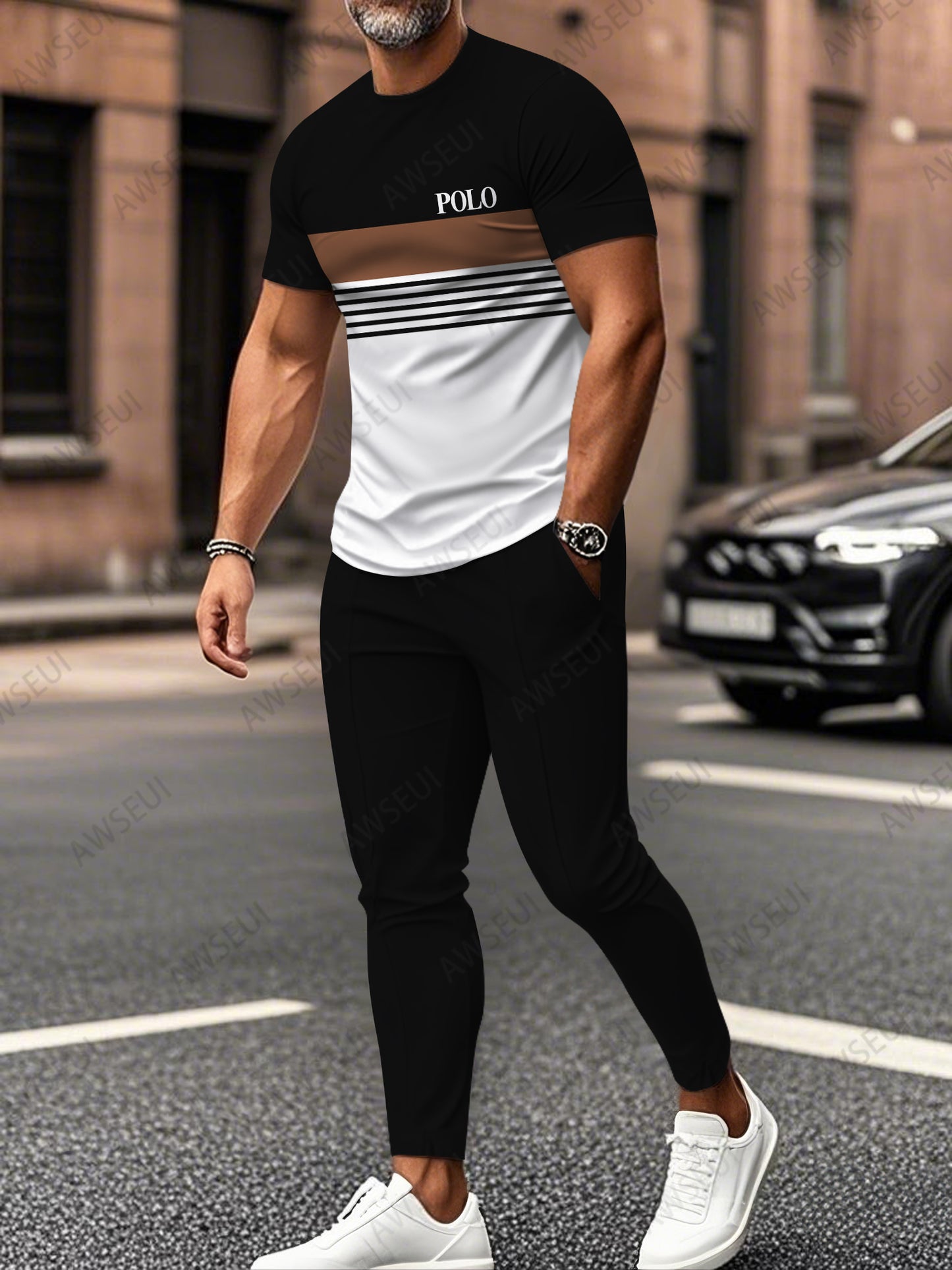 Zipper Short Sleeve Long Pants Two-Piece Set