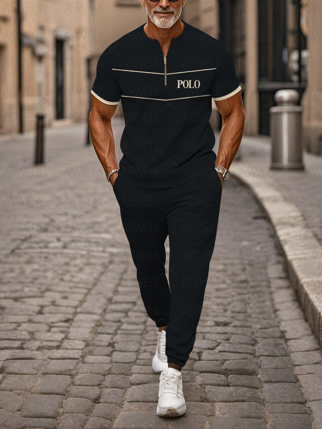 Zipper Short Sleeve Long Pants Two-Piece Set