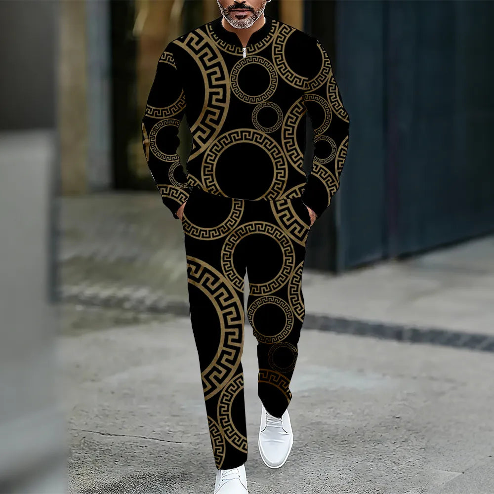 Neck Zipper Long Sleeved Trousers Two-Piece Set