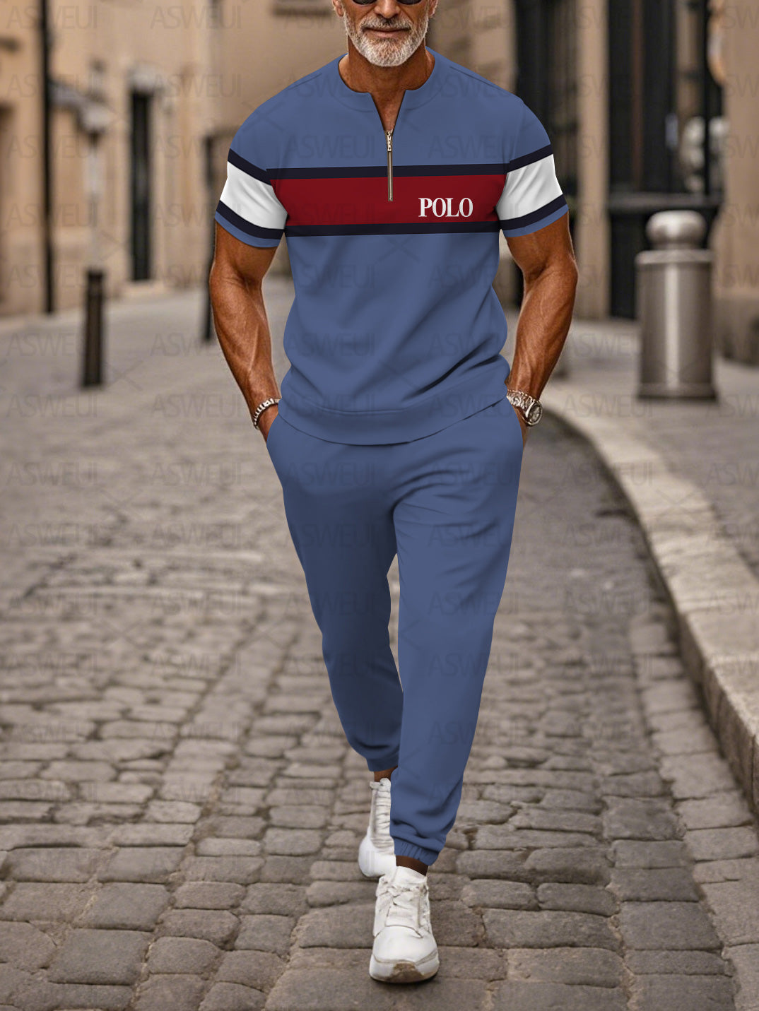 Zipper Short Sleeve Long Pants Two-Piece Set