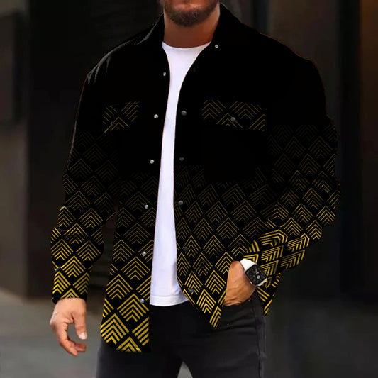 Men's Casual Jacket Vintage Geometric Pattern Long Sleeve Pockets Corduroy Jacket