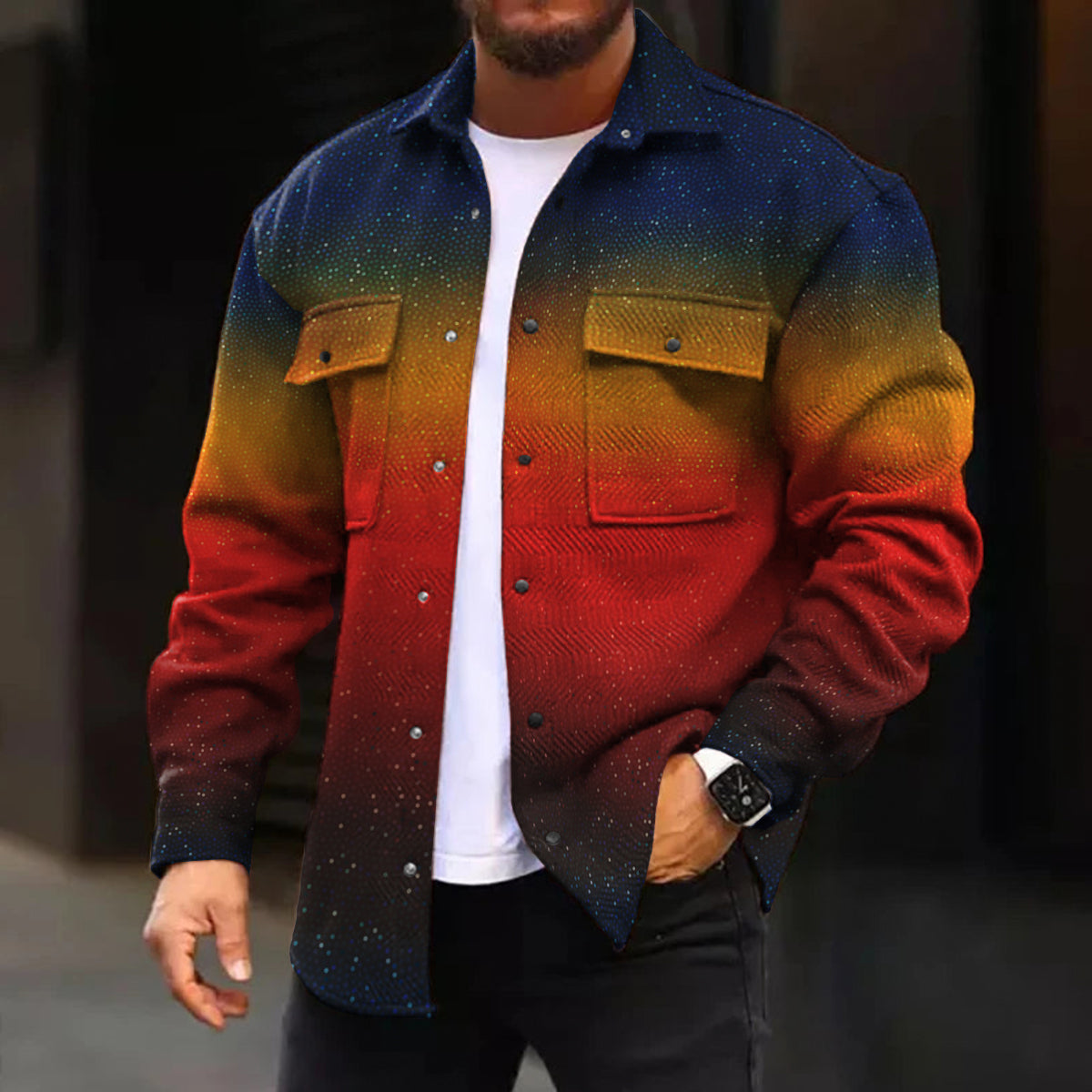 Casual Jacket Sunset Sky Pattern Long Sleeve Pockets Corduroy Jacket