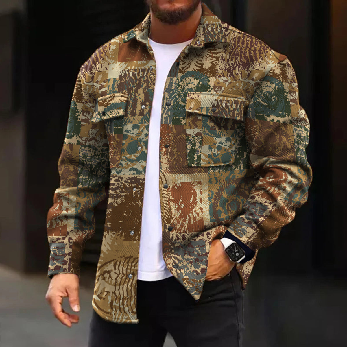 Casual Jacket Abstract Sea Print Long Sleeve Pockets Corduroy Jacket