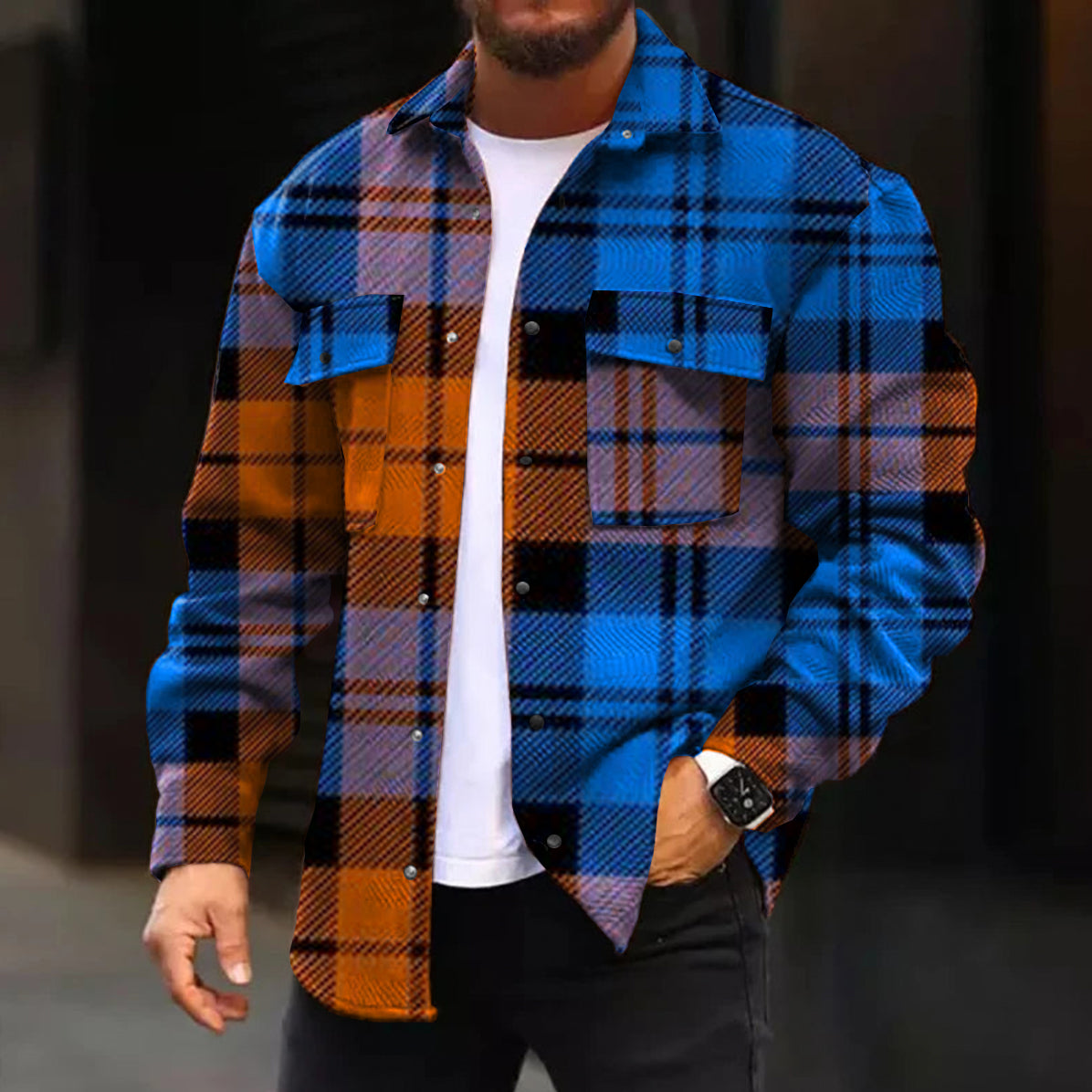 Casual Jacket Fashion Art Gradient Plaid Printed Long Sleeve Pocket Jacket