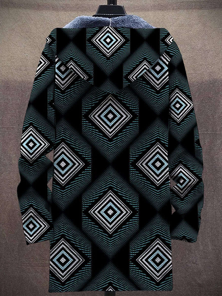 Vintage Geometric Pattern Hooded Two-Pocket Fleece Jacket