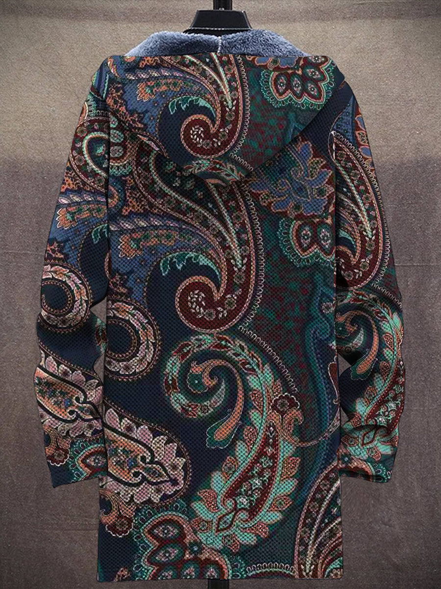 Vintage Paisley Print Hooded Two-Pocket Fleece Jacket