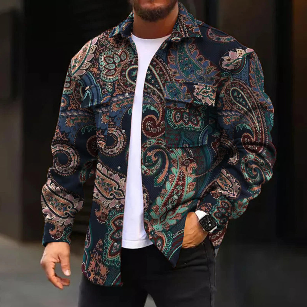 Casual Jacket Vintage Paisley Pattern Long Sleeve Pockets Shirt Jacket