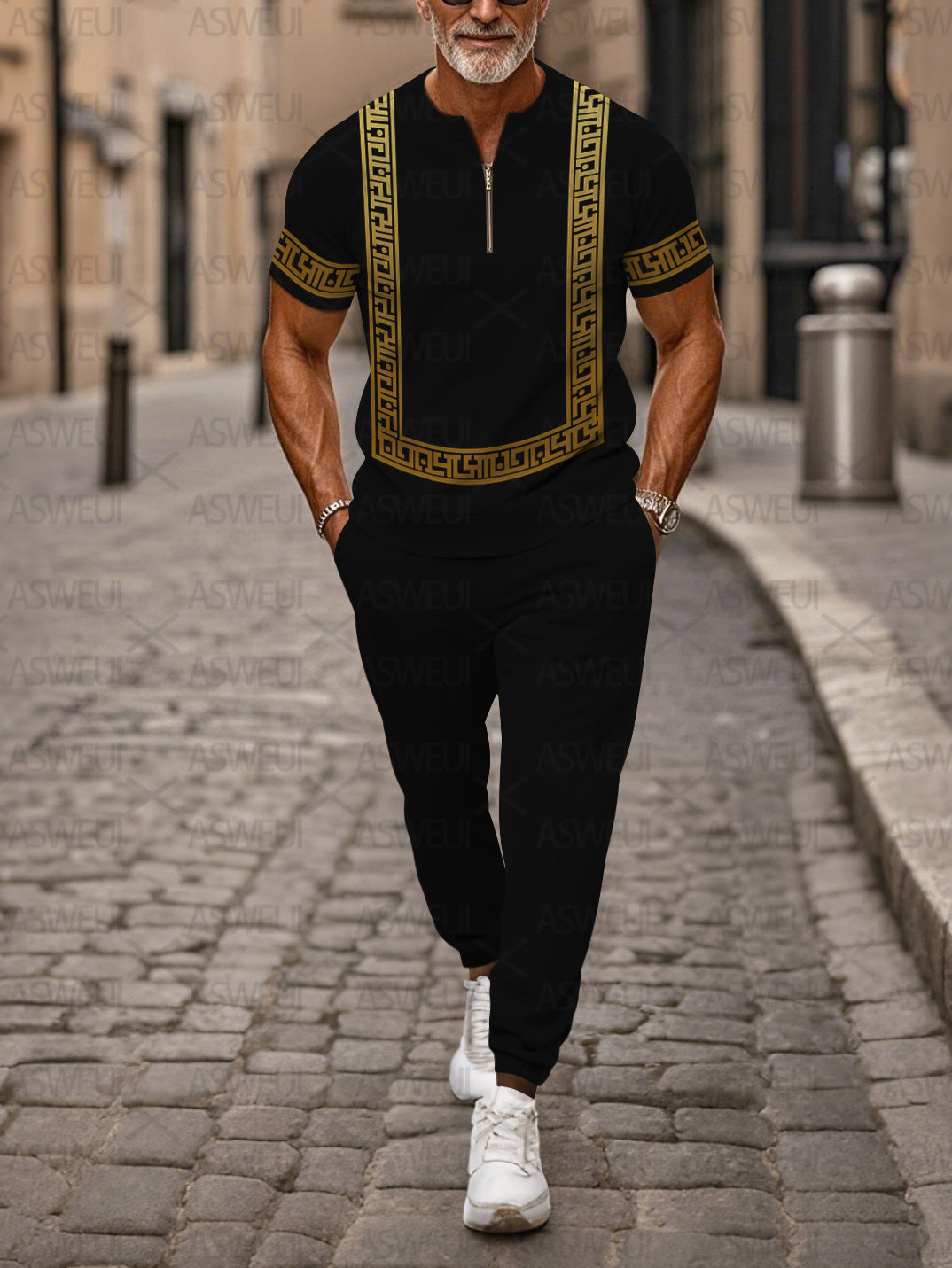 Zipper Short Sleeve Long Pants Two-Piece Set