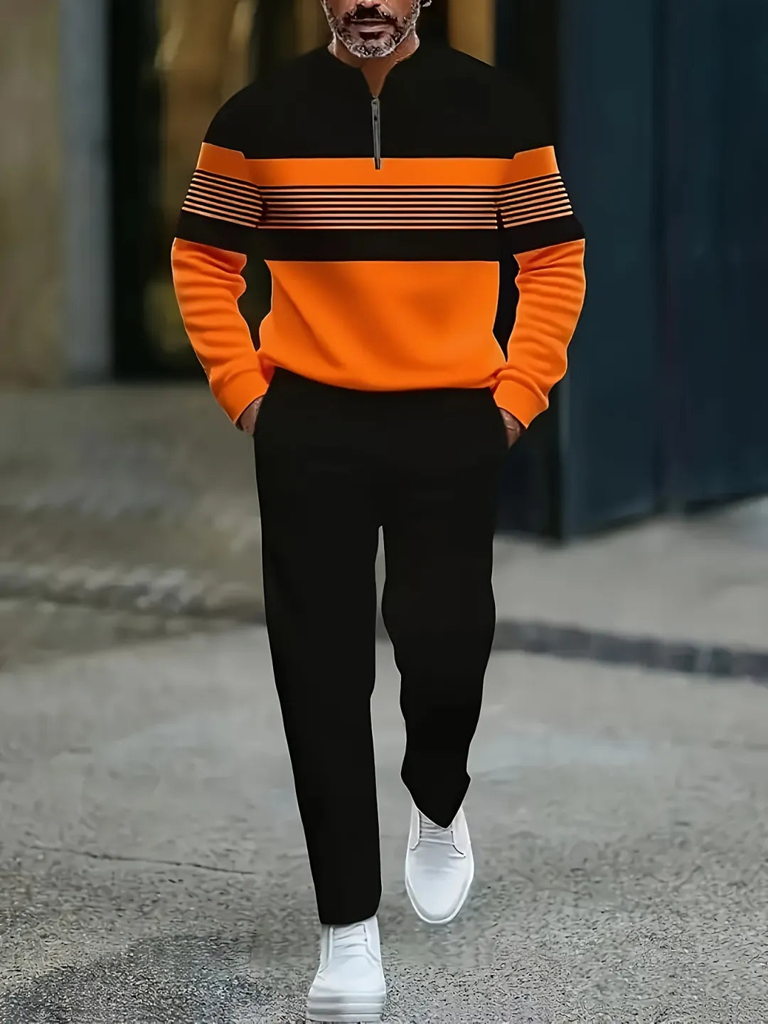 Neck Zipper Long Sleeved Trousers Two-Piece Set